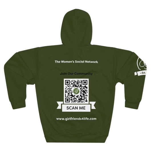 (Stakeholders) Girlfriends4Life Green Logo Hoodie — Women's Social Network Pullover with QR Back